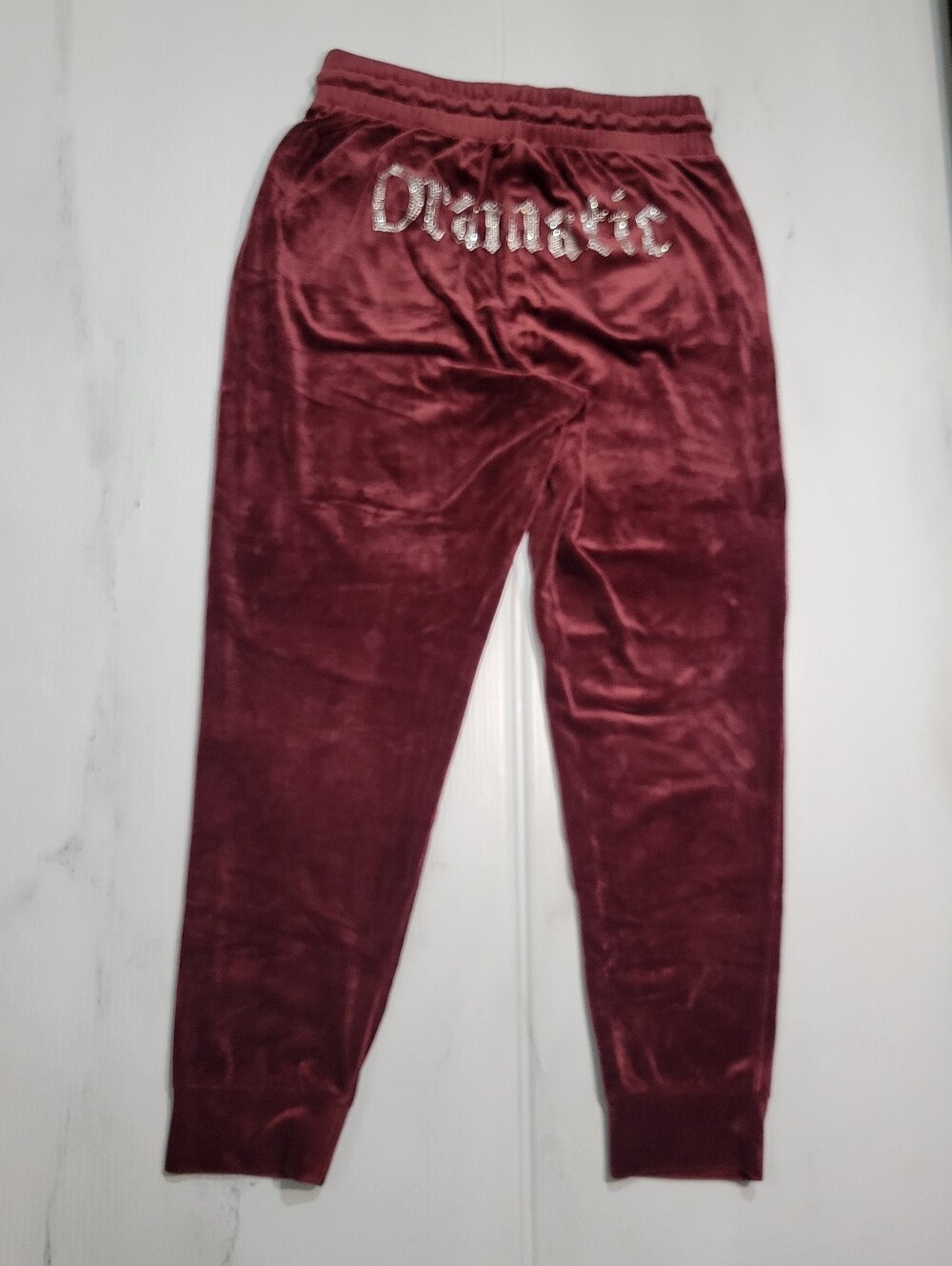 SWS Athletics Burgundy Plush Velour Rhinestone Dramatic Joggers L